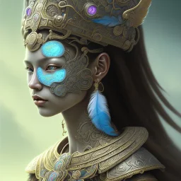 Sango fantasy, fantasy magic, intricate, sharp focus, illustration, highly detailed, digital painting, concept art, matte, art germ and Paul Lewin and Kehinde Wiley, masterpiece Mayan princess dancer head bronze feather's' Asian Latin girl nice breast brown Thai hair turquoise silver blue sky