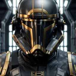 star wars bald male corellian pilot wearing pearlescent black and gunmetal grey First Order special forces heavy assault armor and helmet with gold trim inside the jedi temple, centered portrait, hyperdetailed, dynamic lighting, hyperdetailed background, 8k resolution, volumetric lighting, light skin, fully symmetric details