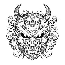 White, minimalis line art , oni mask japanes scarry, vector, white background, outline, with images neatly contained within the background, just black and white color,