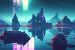 distant cyberpunk city, rocks in the lake, galaxy, epic