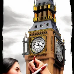 A young woman drawing a fantastic portrait of the Big Ben in London and Eiffel Tower in Paris