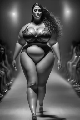 full_body_shot_of_a_hyper_realistic_ultra_detailed_photograph_of_a_beautiful curvy sexy clothes ,female model walking down a runway at a fashion show dark