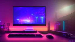 Dimly lit gaming PC room, filled with neonlights, night time, atmospheric, detailed.