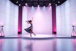 A 3D recursive structure modern stage with a pretty lady in modern clothing dancing,animating background stage