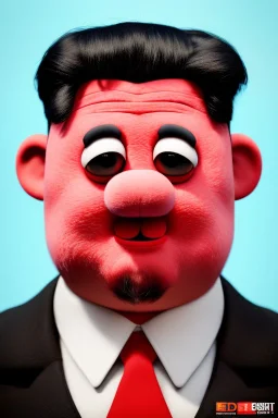 Waist up muppet Portrait, Kim Jong-un muppet doll, black suit, photo studio, red background, unreal engine 5, concept art, art station, god lights, ray tracing, RTX, lumen lighting, ultra detail, volumetric lighting, 3d.