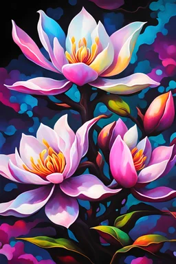 vibrant psychedelic oil painting image, airbrush, 64k, cartoon art image of background black and colorful magnolia flowers , dystopian