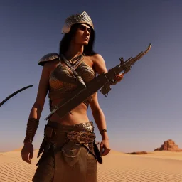 badass female persian warrior in the desert with hawk on her shoulder , atmospheric, realistic, unreal engine, cinematic lighting, octane render.