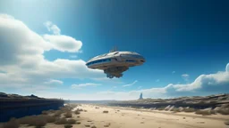 A Spacecraft, shaped like a passenger jet, without wings, hovering above a road in a ruined alien city, blue sky, wite clouds