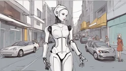 female robot, in a street, shops, cars, people