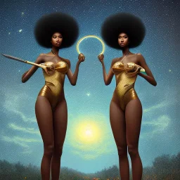 Biologically Female sexy African American Twins, black skin, tall and slender, long afro kinky hair,big brown eyes, long eyelashes warrior wear. Big butts. Gold accents on clothing. Surround by trees. Holding golden spears. Starry night