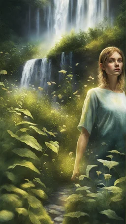 portrait of Alva in the garden, waterfall and elves ,lotsa wild weed, in spotlight, magazine cover illustration with spray paint, signed, bokeh like, down-light, unreal engine, prize winning