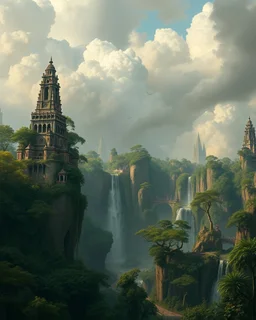 Bosch painting style, nightmare , the hanging gardens of Babylon, trees , building waterfalls , great quality picture with cinematic scenes , heavy clouds in the background