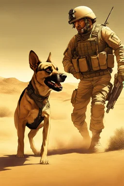 A soldier dog dressed in military combat uniform fighting another soldier dog in the hot desert landscape, digital illustration portrait, dog's face is snarling, aggressive, angry, Craig Miller , futuristic, pulp fiction graphic novel style, hyperrealism, photorealism