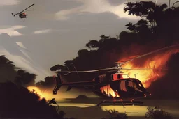 helicopter burning in the jungle the Panter is watching on fire by Caravaggio