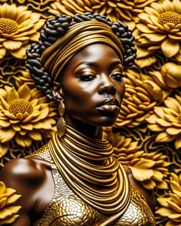 masterpiece, vibrant colors, an african female wearing gold jewelry, surrounded by giant gold flowers, hyper realism, 8k, ultra detailed, photorealistic, ultra realistic