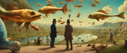 Mr Salvador Dali and Mr Hieronymus Bosch talking to each other at an outdoor surrealist market. A herd of dream-like sky-fish swim high in the far distance, with a beautiful surreal outdoor countryside summer scene with hills, waterfalls, and an intricate fractal sky, very high detail, photorealistic, epic cinematic, 8K, Large depth of field