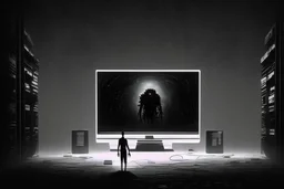 enormes computadoras en un espacio negro y una figura en medio de ellas