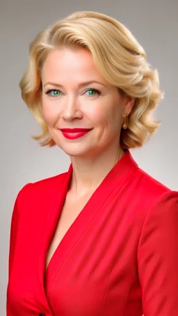 picture of corporate woman with red dress blonde hair age 41