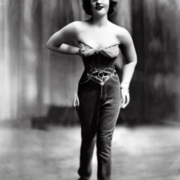 Ziegfeld girl on jeans walking side