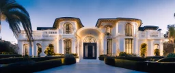 panoramic ,beverly hills style mansion, exterior photography of a romantic and bright house, 8k, ultra HD