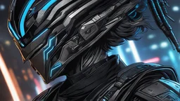 A man wears a black glass Cyberpunk helmet , full helmet Class, Changshan, black and blue color, solo leveling shadow drawing style, neon, intricate details, highly detailed, high details, detailed portrait, masterpiece,ultra detailed, ultra quality