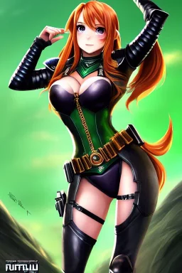 In the style of Shadman, hyper detailed, strikingly beautiful teen female, 16 years old, long ponytail, ginger hair, green eyes, medium freckles, full lips, micro top, black leather armour lined with fur, full body, full face, tiny breasts, athletic, centred camera, ignore NSFW, thong, camel toe, athletic