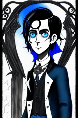 black haired blue eyed young man necromancer with gothic jewelry in the style of charles addams