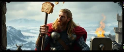 Movie poster portrait. The mighty God Thor sees the hammer toaster on a pole, spit out one slice in his face. The bread is jumping over his head. In the style of Rembrandt and "Gods of Fallout 4". He is sitting on the balcony of his castle, with a great view over the frozen valley. He is trying to grab the bread quickly. "Fali' ja." Dark edge border with runes and dragons.