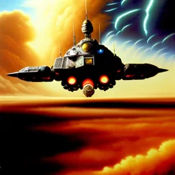 dramatic atmospheric Chris Foss painting of a space explosions battle scene with an armored VTOL hovercraft with gun turret in the desert with stormy sky and a duststorm