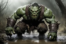 In the murky depths of the mud, a crouching orc lurks, muscles coiled like tightly wound springs, ready to pounce on his prey. His eyes gleam with a feral intensity, scanning the horizon for any sign of movement. The stench of decay hangs heavy in the air, mingling with the acrid scent of blood and sweat. The orc's thick, gnarled fingers dig into the soft earth, his claws leaving deep gouges in the mud. Every sinew of his powerful frame tenses, anticipation thrumming through his veins like a dr