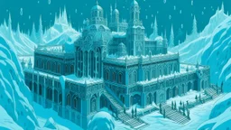 A cyan icy palace in a blizzard painted by MC Escher