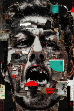 Ultra detailed medium portrait painting of laughing devil's, dark room with little light coming from an open door behind, torn up collage of clippings, broken circuitry background, matrix effects, punk visual art, punk art aesthetic, graffiti art, pop surrealism, collage art, cluttered paint glitches