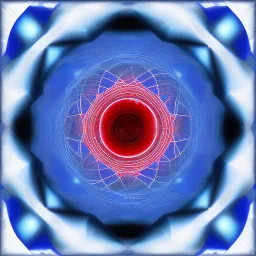 a blue metallic sphere inside a 4d red rotating cube