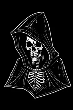 1950s skeleton in a black hooded cloak drawn in a early animation rubber hose animation style, inside a light diamond shape on a black background, monochromatic