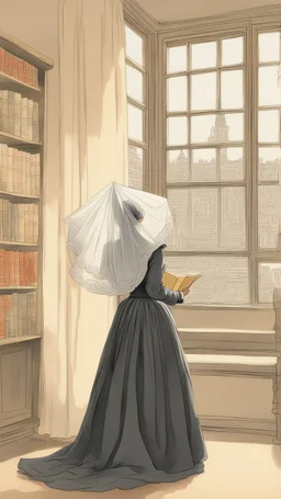 A woman wearing a veil and a wide skirt, and pictures from behind, is reading a book