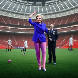 Hillary Clinton in a referee jersey officiating for a soccer match at Wembley Stadium