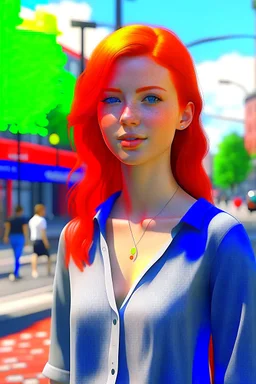 Young red-haired woman standing in the street, daytime, photorealistic