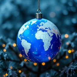 all World Map Globe xmas Ball in Blue-white Colors and warh lights, blur background with snowflakes , and pines, intricate details, beautifully shot, hyperrealistic, sharp focus, 64 megapixels, perfect composition