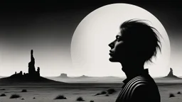 black and white portrait, a human face in profile, staring into nothingness, three red engraved stripes on the face, behind it a surreal, barren landscape, ruins, and a black sun. dark, thriller, gloomy vibe, utopian, dramatic