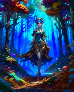 Cuerpo completo, cuerpo completo, Pintura anime 2d de una Reyna elfo caminando en el bosque, coloreada, maximalista, calidad ultra, hiperdetallada, 12k