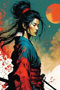 create an imaginative shunga style print illustration of an ethereal, otherworldly gaunt and withered ancient female ronin samurai vampire , in the comic book art style of Bill Sienkiewicz, Mike Mignola, and Jean Giraud Moebius, with highly detailed feminine facial features, styled after Sekiro