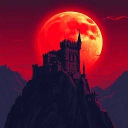 8 bit pixelart a towering castle perched atop windswept cliffs, its jagged stone figure bathed in the cinematic crimson glow of a giant, imposing red harvest moon, red sky