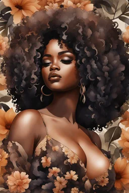 Create an watercolor image of a curvy black female wearing a brown off the shoudler blouse and she is looking down with Prominent makeup. Highly detailed tightly curly black afro. Background of large brown and black flowers surrounding her