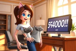 3D video game character, brunette woman with blue eyes in t-shirt with a cat head on it, blue jeans, standing happily shocked looking at a computer on a desk, there is a sign on the monitor "54000!!!" in an elegant modern room in sunshine