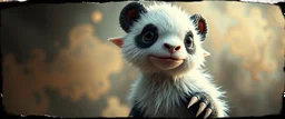 3d airbrush render, white fluffy panda elf alien dodo , pinhole cam, airbrush 3d rendering, in the style of Titian and Dali , torn edges on border