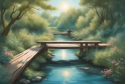 landscape with a person sitting on a simple narrow wooden bridge over the stream with their feet over the edge in the water and watching the water flow by, beautiful lush vegetation, mellow afternoon sun, sleepy summer day atmosphere, different shades of green, blush and pinks, turquoise and cerulean blue color scheme, hyper detailed and intricate, complex, crisp quality, extremely fine details, interesting, golden ratio, mysterious, fantasy, black pen and ink, watercolor Modifiers: 8k 布面油画 非常