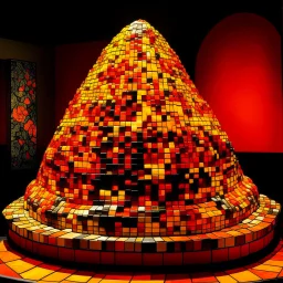 An orange fiery molten volcano designed in ancient Roman mosaics painted by Piet Mondrian