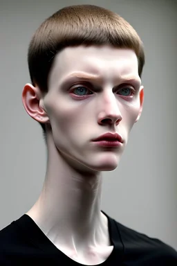 pale skin tone, black hair in a longish bowl cut with whisps in front of his ears, face is thin with high cheekbones and deep blue eyes. lean build that suggests he doesn't engage in a lot of physical activity. He is of average attractiveness with a boyish face.