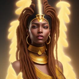 dhalsim as egyptian woman with long brown dreads,big pile of feathers,small hands, maze background , levitated lab equipment, 4k, Highly Detailed, Masterpiece, perfect eyes, Digital Illustration, Cinematic Lighting, Realistic, Sharp Focus, Centered, Beautifully Lit, Bioluminescent by Stanley Artgerm Lau