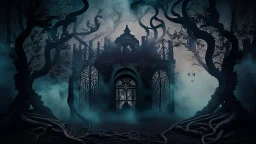 A surreal mixed media piece combining photography and illustration, showing smoke slowly enveloping a temple of dark vines, creating an eerie and mystical atmosphere